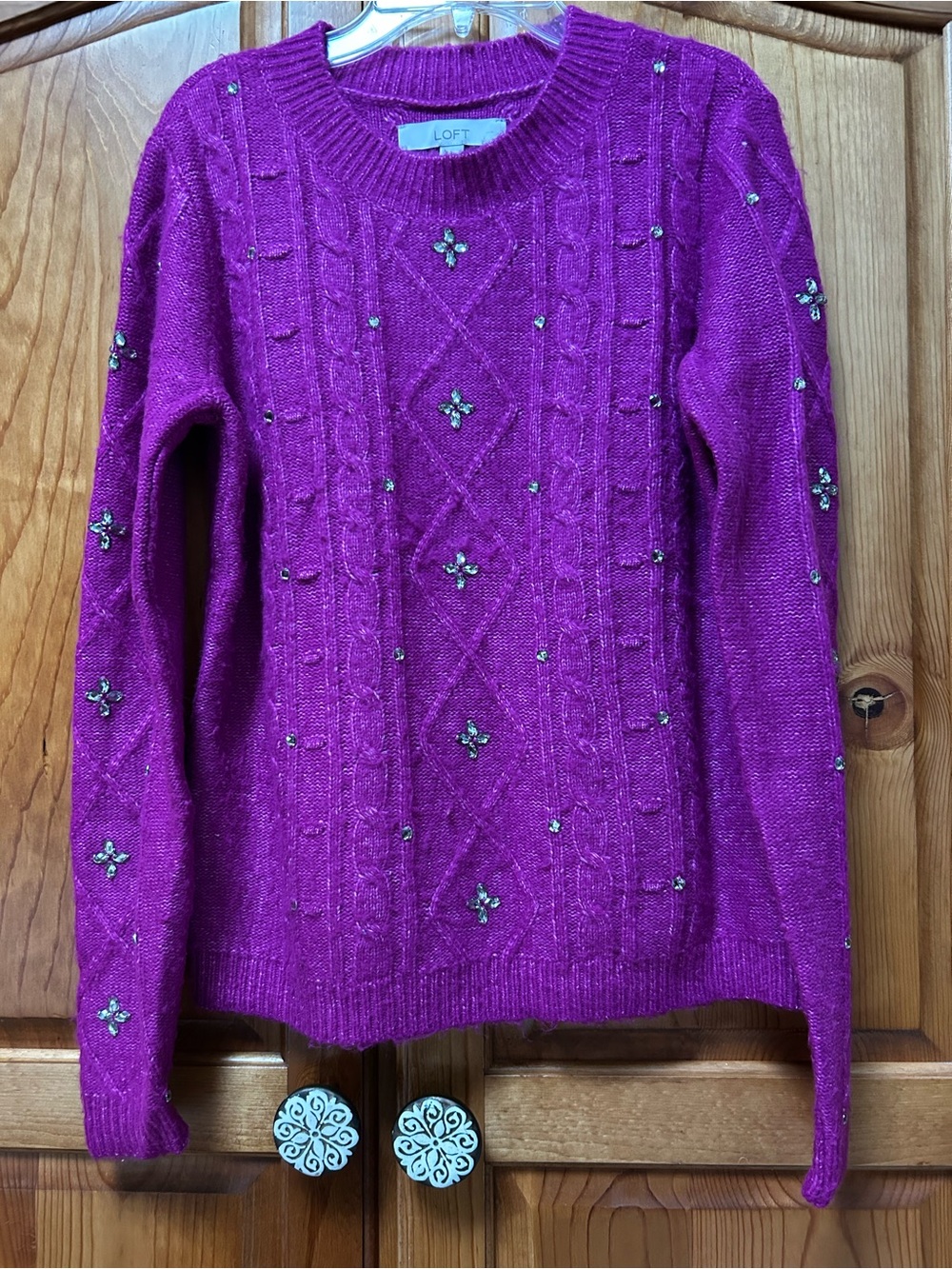 LOFT Fuchsia Beaded Cable-Knit Crewneck Sweater